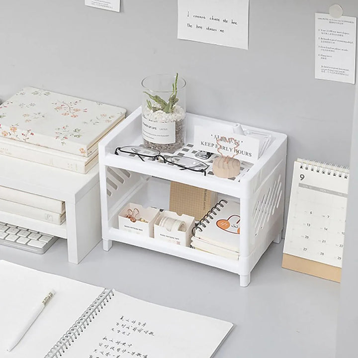 1PC PP Desktop Double Layer Storage Rack Rectangular White Organizing