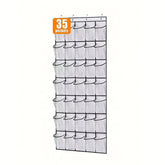 eprolo over-the-door shoe organizer with multiple fabric pockets for storing shoes and accessories, hanging on a door.