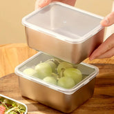 Stacked stainless steel food containers set by eprolo, leakproof and dishwasher safe, showcasing their sleek, durable design.