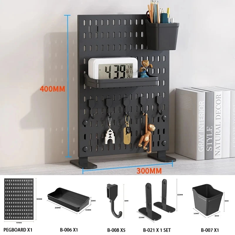 Pegboard combination desktop storage kit, vertical and clip-type pegboard