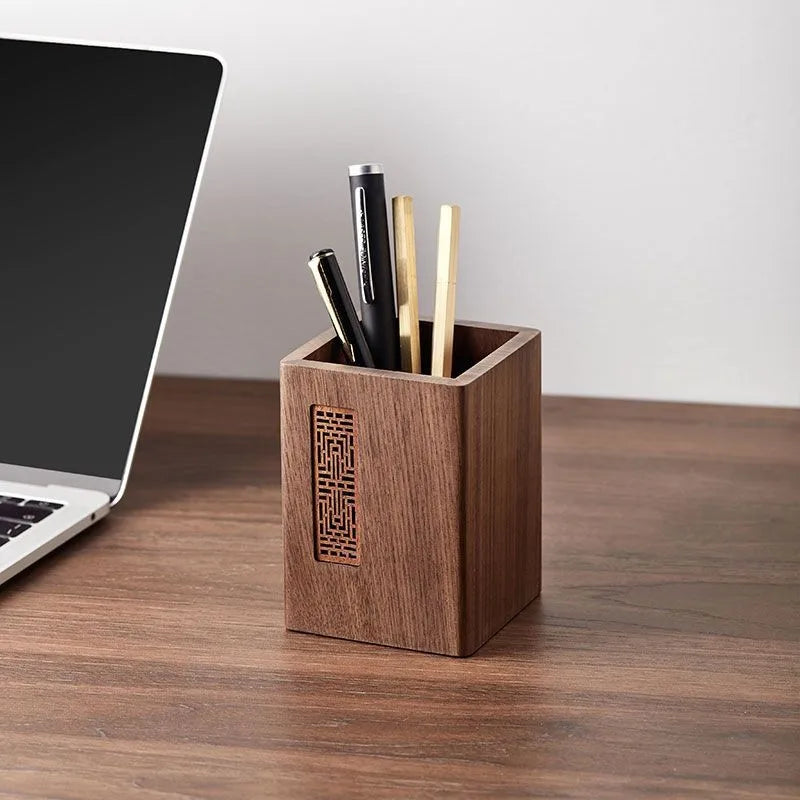 1pcs Solid Wood Multifunctional Pen Holder - Retro Desktop Organizer