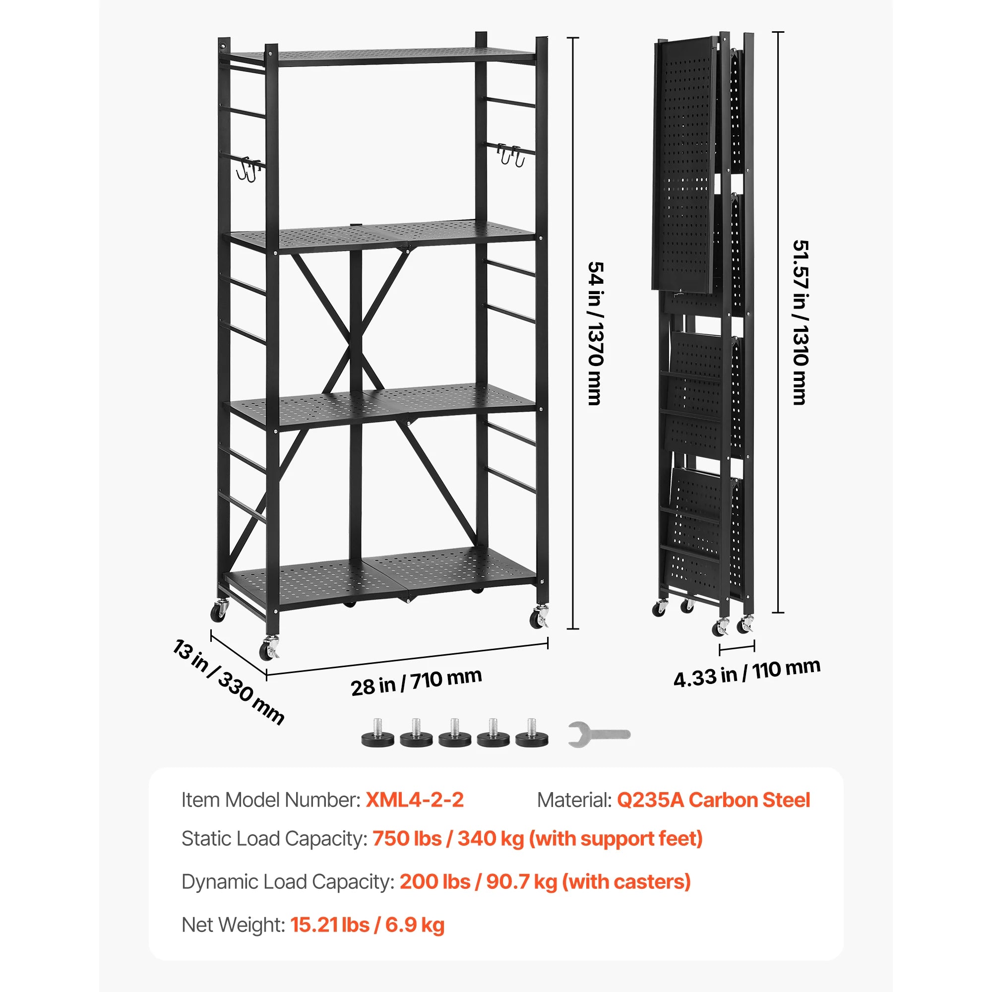 Buy 6/5/4/3 Tier Black Foldable Storage Shelf with Wheels Folding Rack