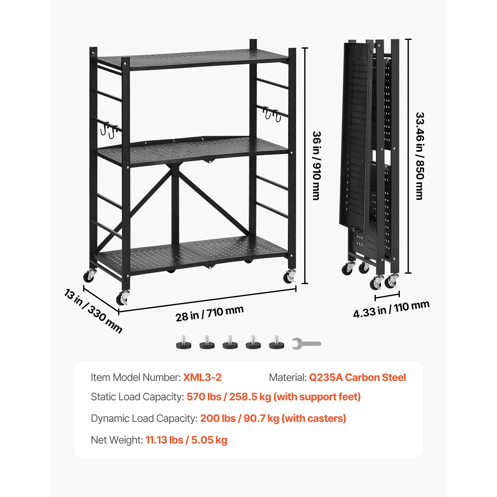 Buy 6/5/4/3 Tier Black Foldable Storage Shelf with Wheels Folding Rack