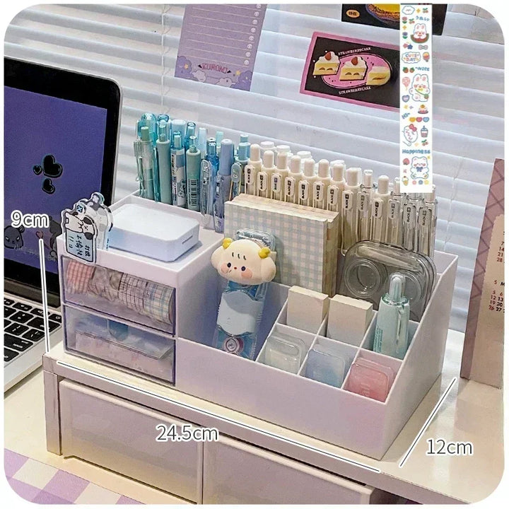 Eprolo cute girl-themed pen holder storage box with drawer, desktop organizer for stationery and small accessories.