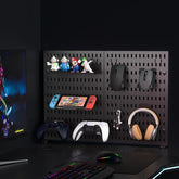 eprolo home and office desktop pegboard with height-adjustable standing storage rack showing organized peg hooks and workspace setup