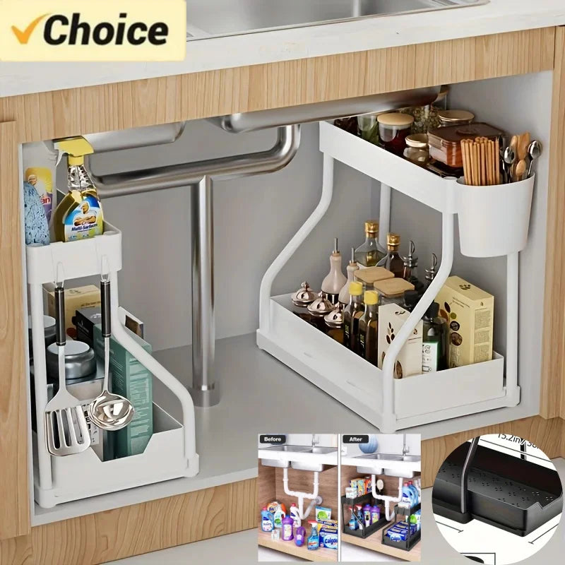 Space Saving 2 Tier Under Sink Organizer,Pull Out Storage Box Drawer Organizer