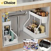 White under-sink kitchen organizer with adjustable shelves, storing cleaning supplies and cooking oils, maximizing cabinet space.