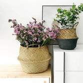 Seaweed wicker basket rattan hanging flowerpot and dirty clothes storage by eprolo, showcasing a natural, woven design with hanging straps.