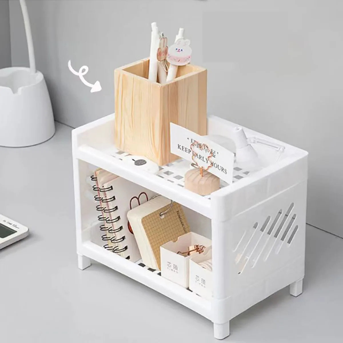 1PC PP Desktop Double Layer Storage Rack Rectangular White Organizing