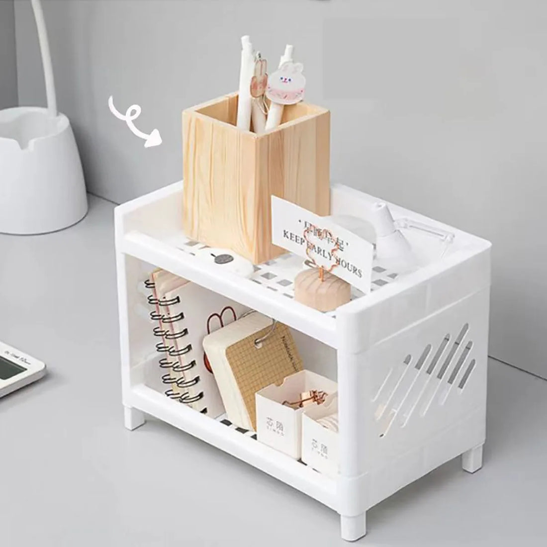 1PC PP Desktop Double Layer Storage Rack Rectangular White Organizing