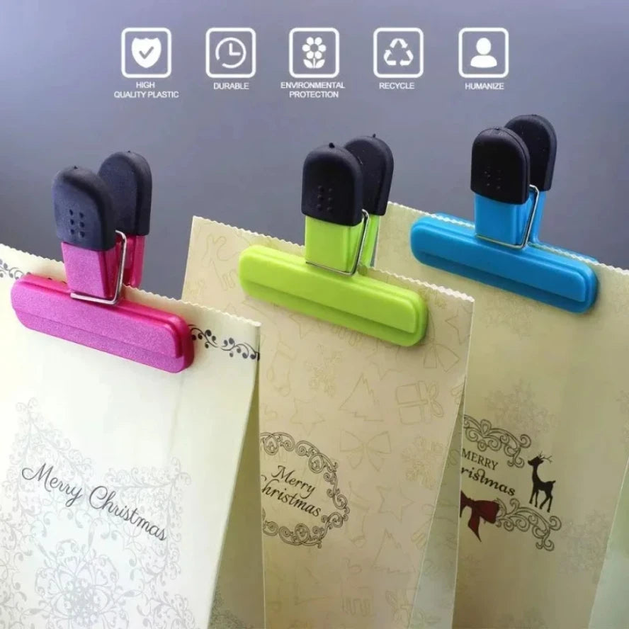 Six T-type kitchen food sealing clips by eprolo for sealing plastic bags, ideal for tea, snacks, and household food storage.