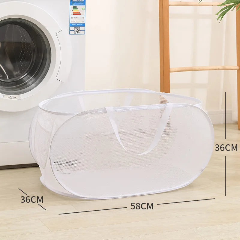White mesh laundry basket, 58x36cm, collapsible design for easy home laundry storage near washing machine