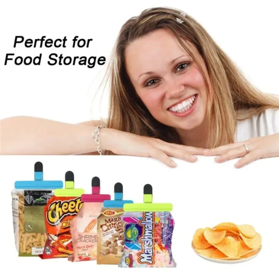 Six eprolo T-type kitchen food sealing clips securing plastic bags for tea, snacks, and food freshness in household use.