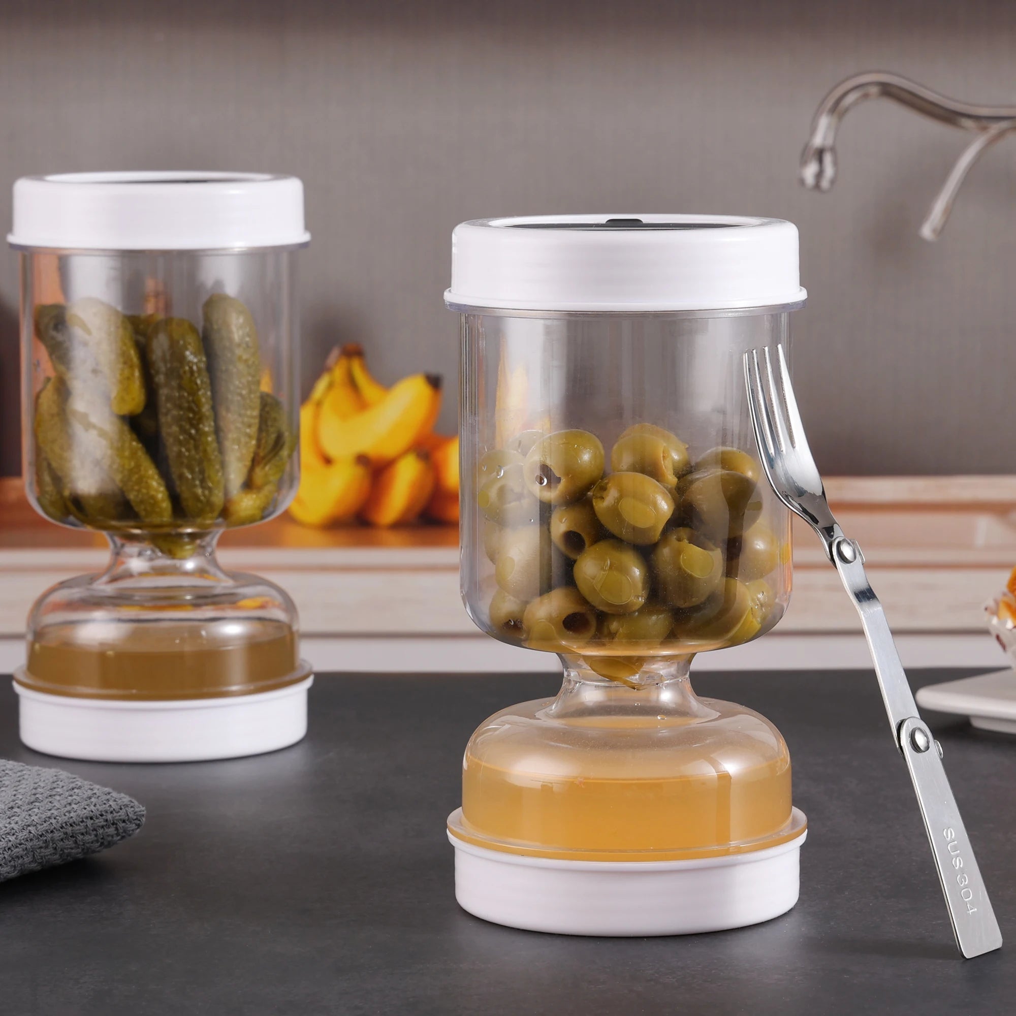 New Olive and Pickle Strainer Jar, Olive Container Hourglass Jar with Strainer