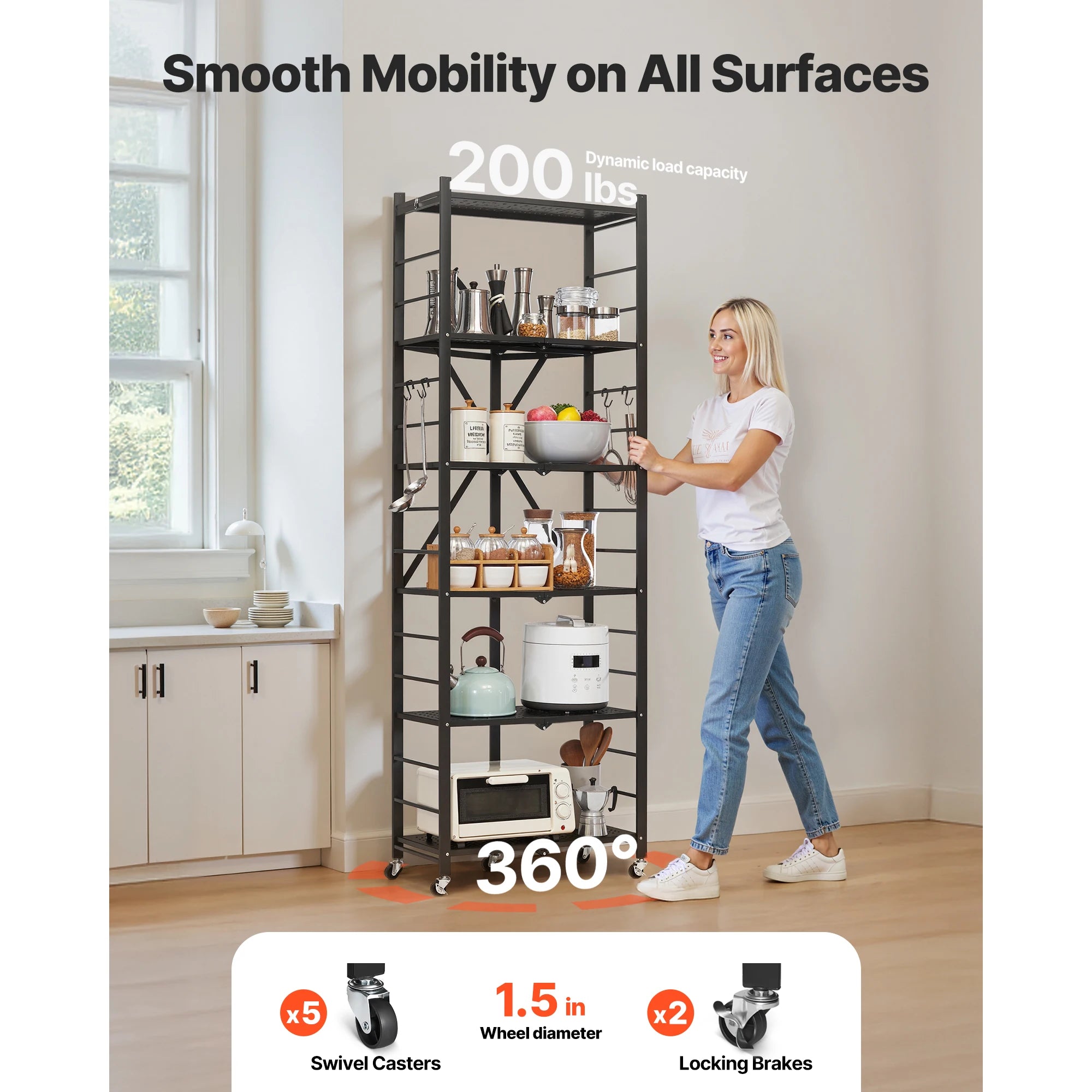 Buy 6/5/4/3 Tier Black Foldable Storage Shelf with Wheels Folding Rack