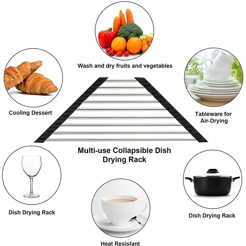 Foldable stainless steel triangle dish rack by eprolo, designed for kitchen sink storage and sponge organization.