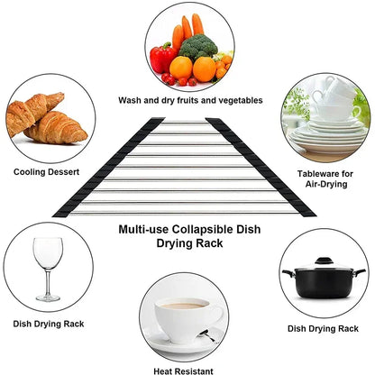Foldable stainless steel triangle dish rack by eprolo, designed for kitchen sink storage and sponge organization.
