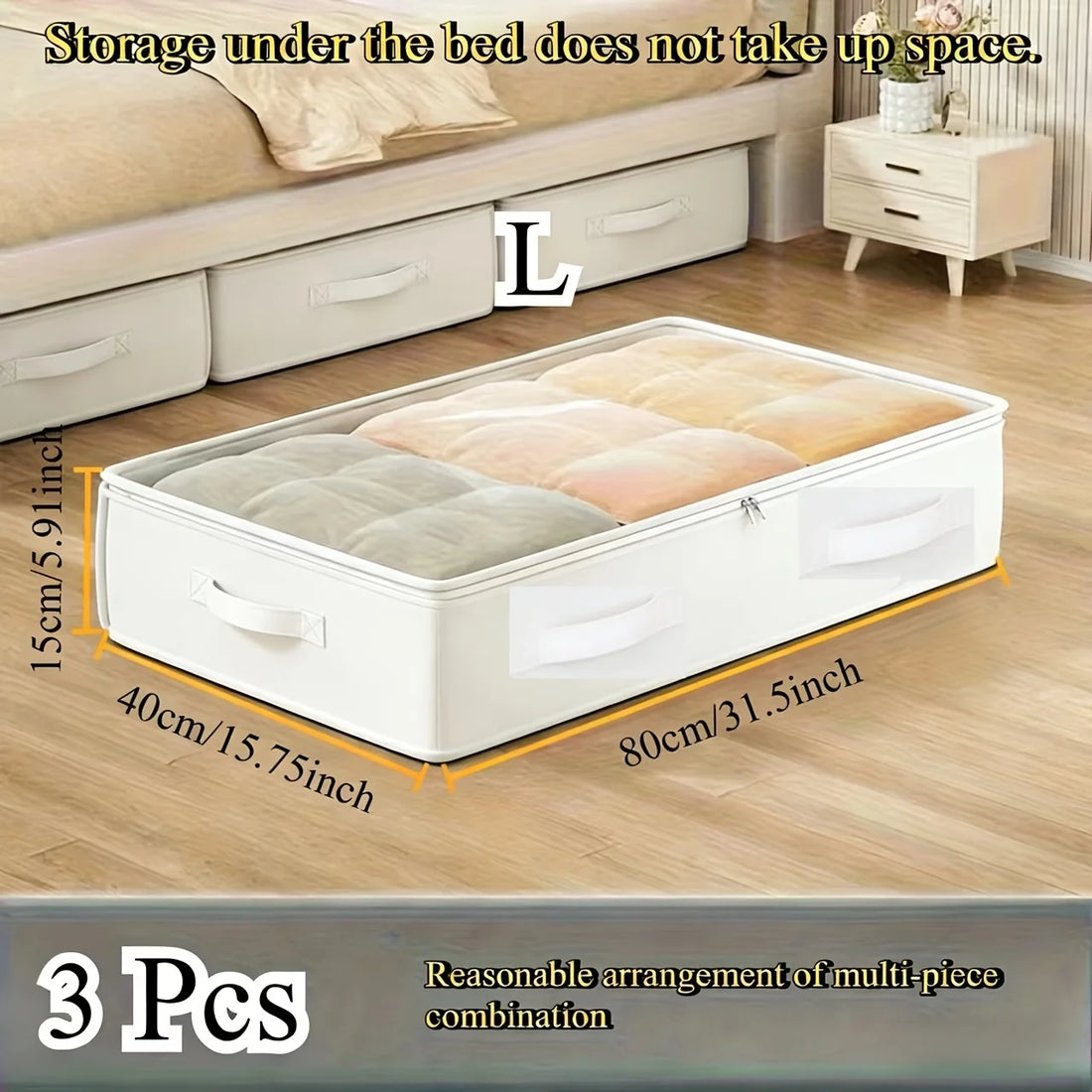 3pcs White Bed Under Storage Boxes | Foldable, Multipurpose for Blankets