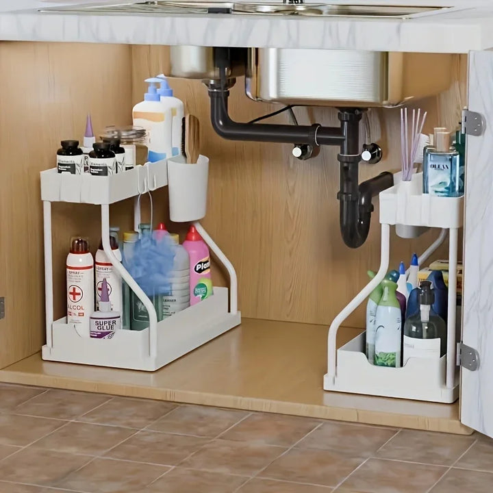Space Saving 2 Tier Under Sink Organizer,Pull Out Storage Box Drawer Organizer