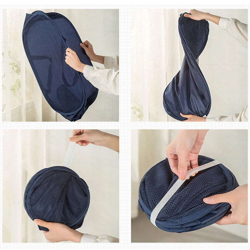 Portable navy blue mesh laundry hamper, collapsible &amp; compact for easy storage and travel use