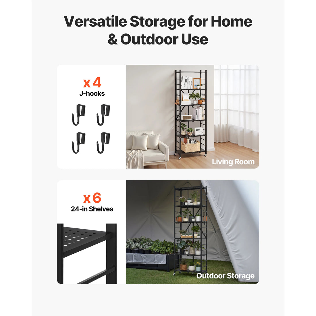 Buy 6/5/4/3 Tier Black Foldable Storage Shelf with Wheels Folding Rack