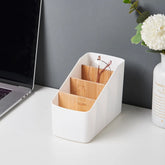Wooden eprolo remote control organizer holder with multiple compartments for TV remotes and accessories.