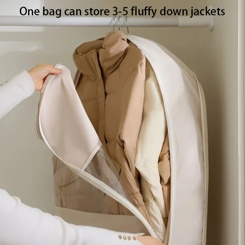 Beige Compression Hanging Bag, Durable Zipper for Winter Clothes