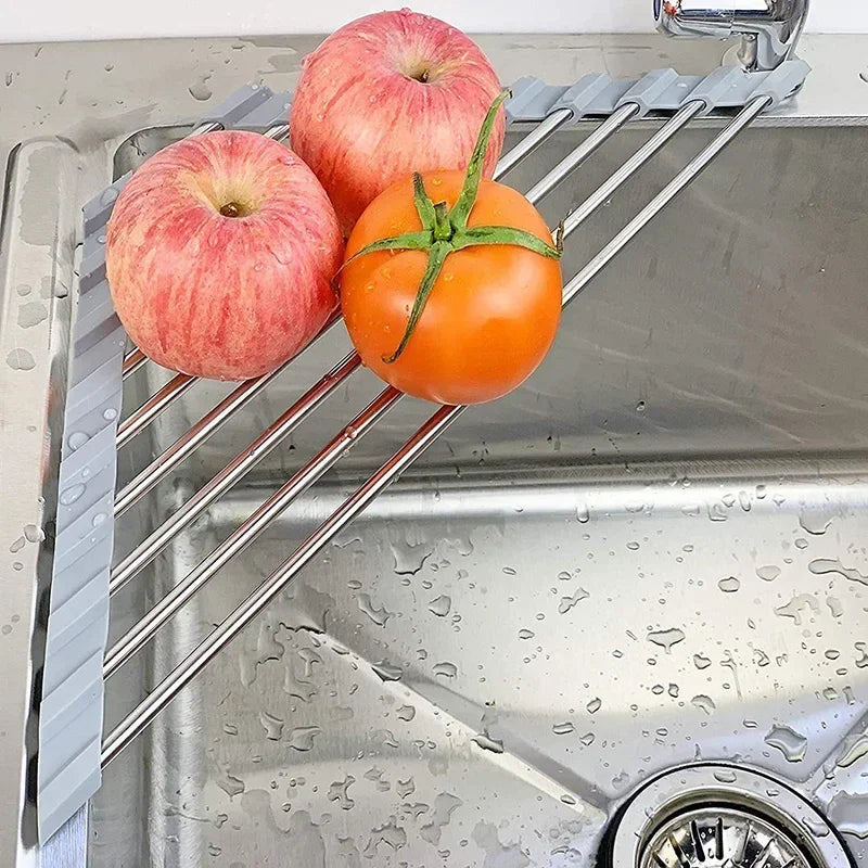 Foldable stainless steel triangle dish rack by eprolo, designed for kitchen sink corner storage with sponge holder and draining features.