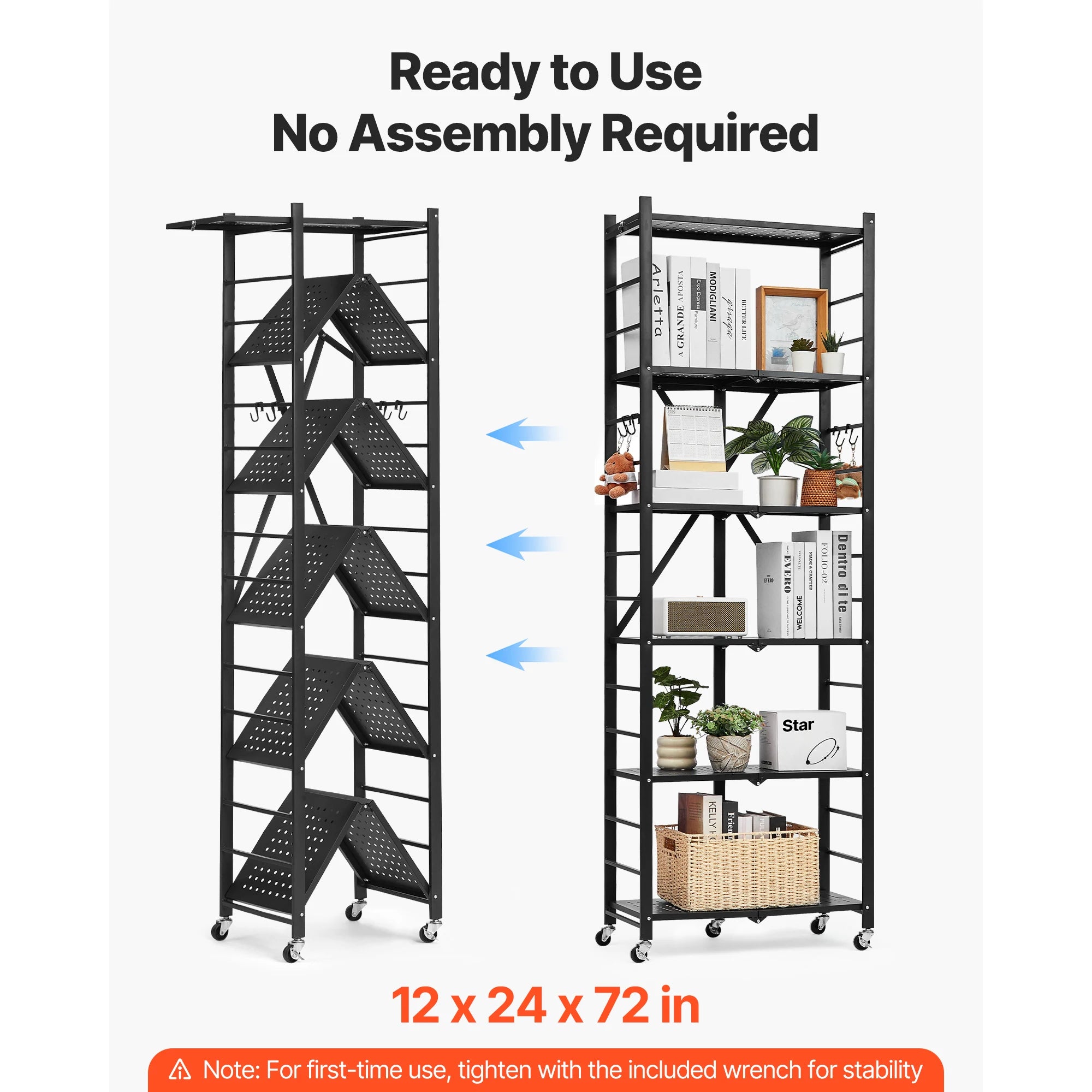 Buy 6/5/4/3 Tier Black Foldable Storage Shelf with Wheels Folding Rack