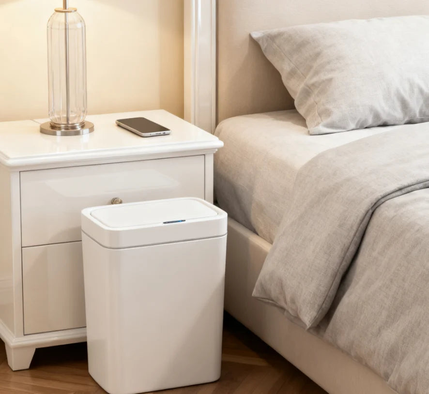 White Touchless 15L Smart Sensor Trash Can – Electronic Bathroom Garbage