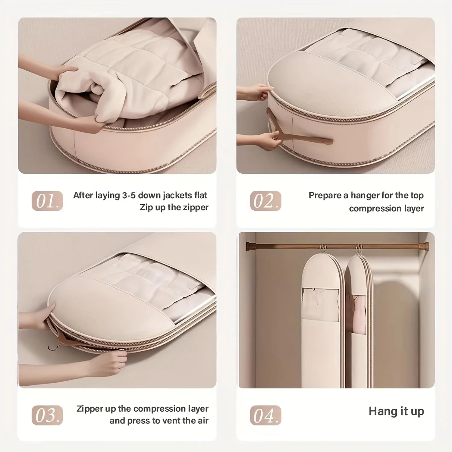 Beige Compression Hanging Bag, Durable Zipper for Winter Clothes