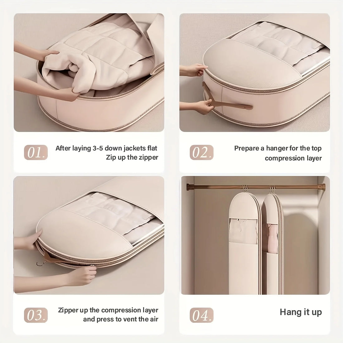 Beige Compression Hanging Bag, Durable Zipper for Winter Clothes