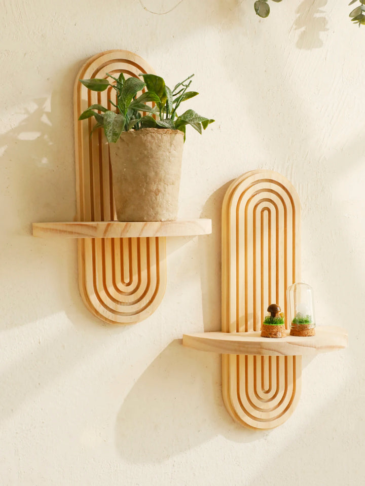 1Pc Boho Style Wooden Wall Shelves - Geometric Wall Mounted Shelves