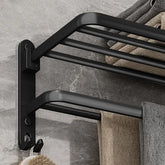 Matte black 50cm folding towel holder with hook, wall-mount design by eprolo, ideal for bathroom or kitchen organization