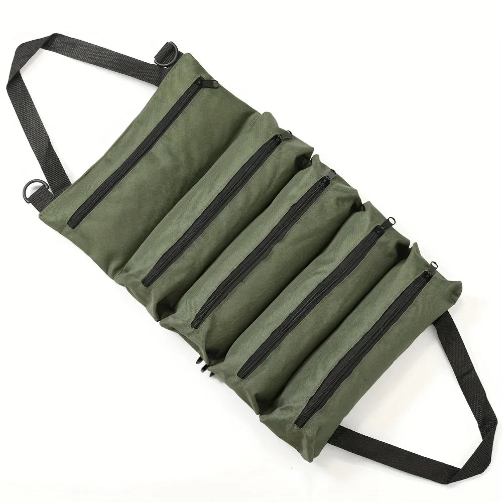Heavy-duty roll-up tool bag by eprolo made of durable Oxford fabric, featuring multiple compartments for organizing tools.