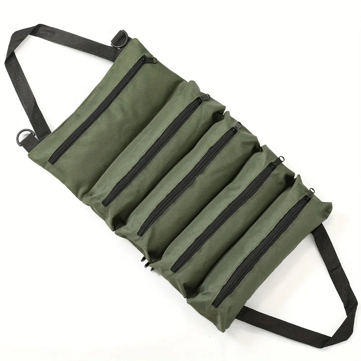 Heavy-duty roll-up tool bag by eprolo made of durable Oxford fabric, featuring multiple compartments for organizing tools.