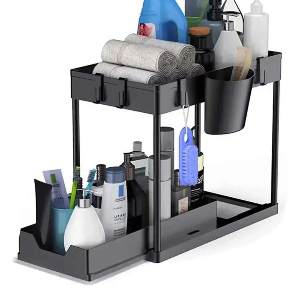 2 Tier Under Sink Sliding Cabinet Basket Organizer Storage Rack