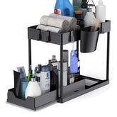Eprolo 2-tier under sink sliding cabinet basket organizer with metal rails and plastic baskets for kitchen storage.
