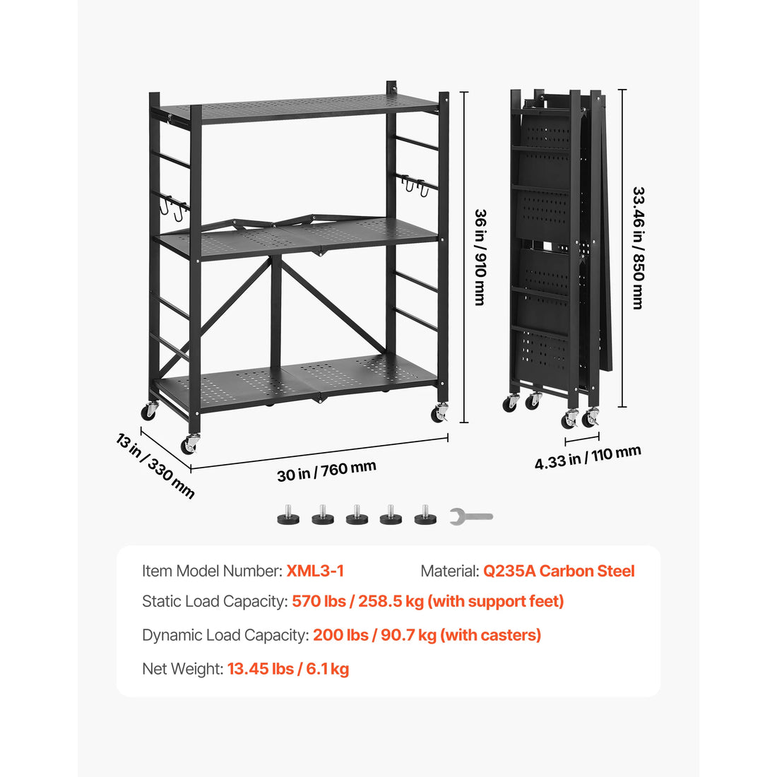 Buy 6/5/4/3 Tier Black Foldable Storage Shelf with Wheels Folding Rack