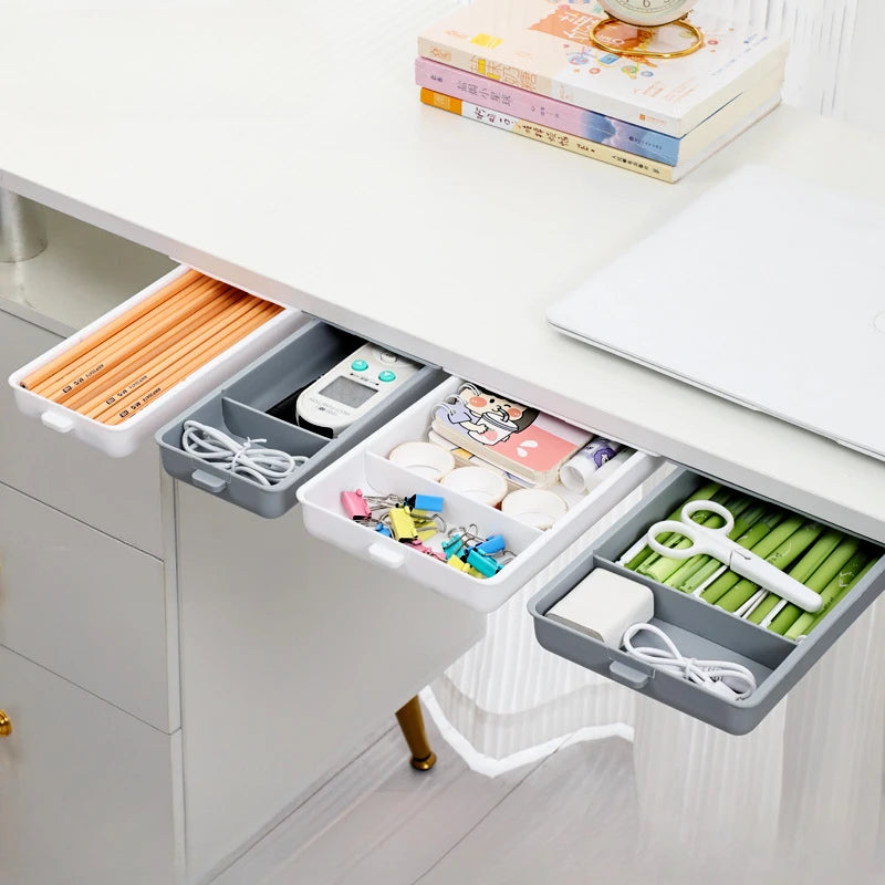 Hidden Drawer Organizer No-Punch Under Desk Stationery Box Tray