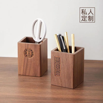 Solid wood multifunctional pen holder by eprolo, retro desktop organizer with compartments for pens and stationery.