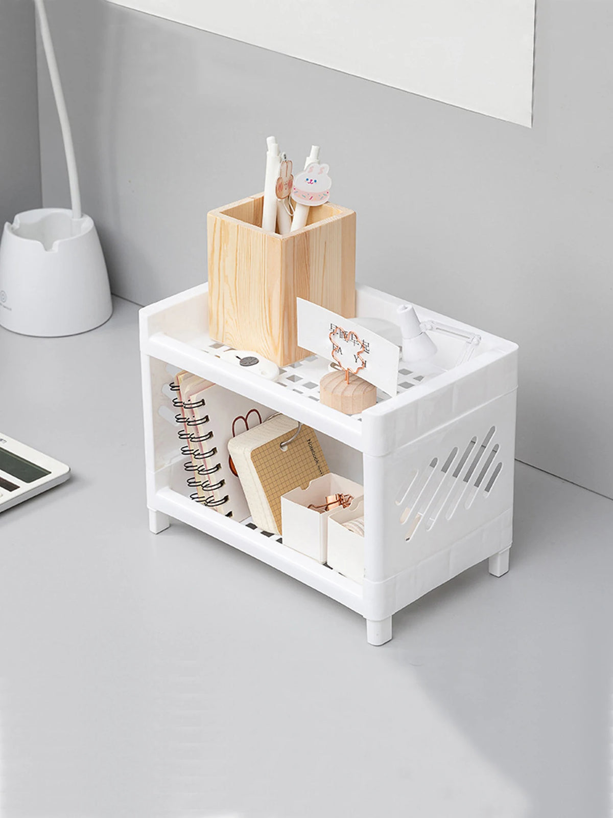 eprolo minimalist desktop double-layer storage rack for household stationery organization, with compartments for organizing supplies.