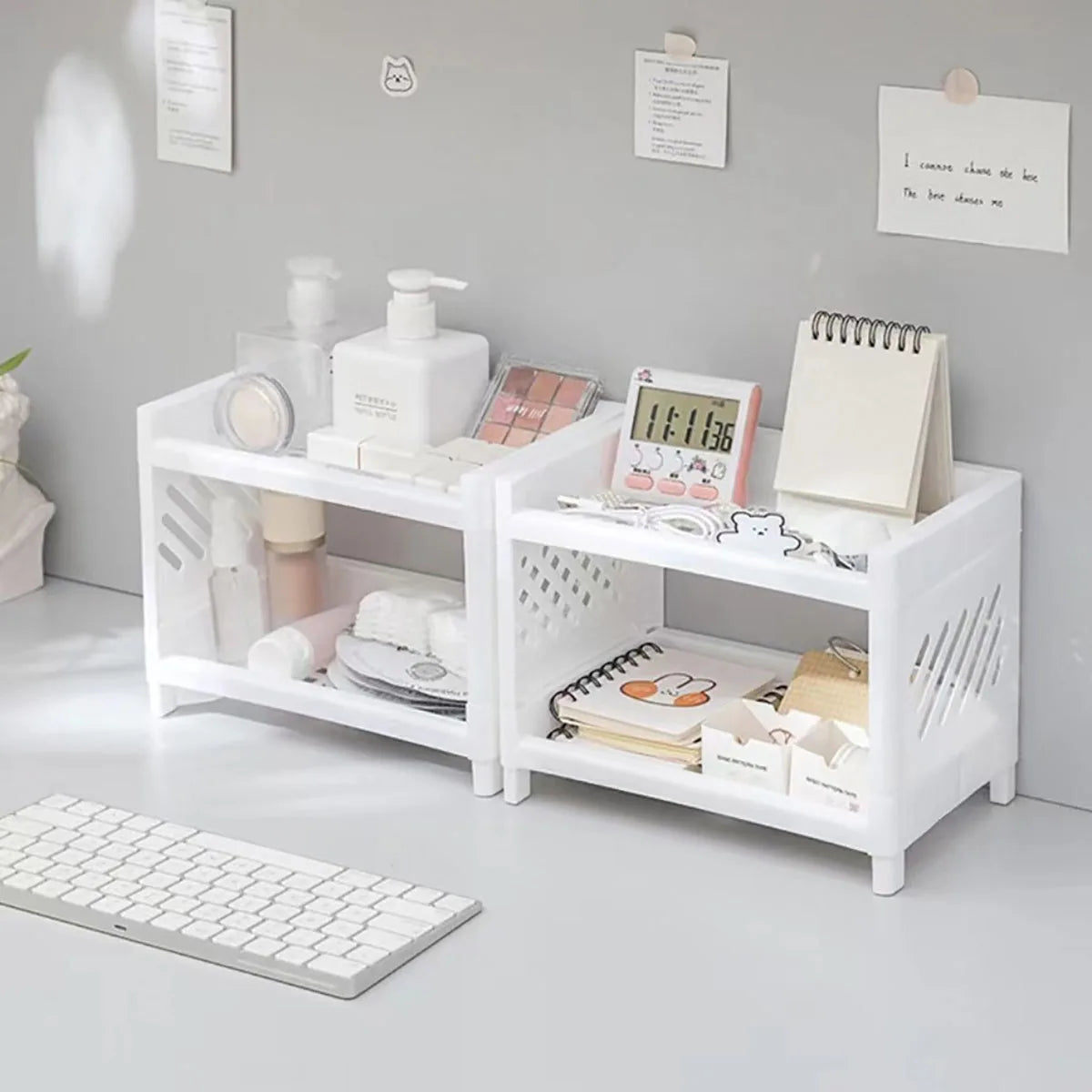 1PC PP Desktop Double Layer Storage Rack Rectangular White Organizing