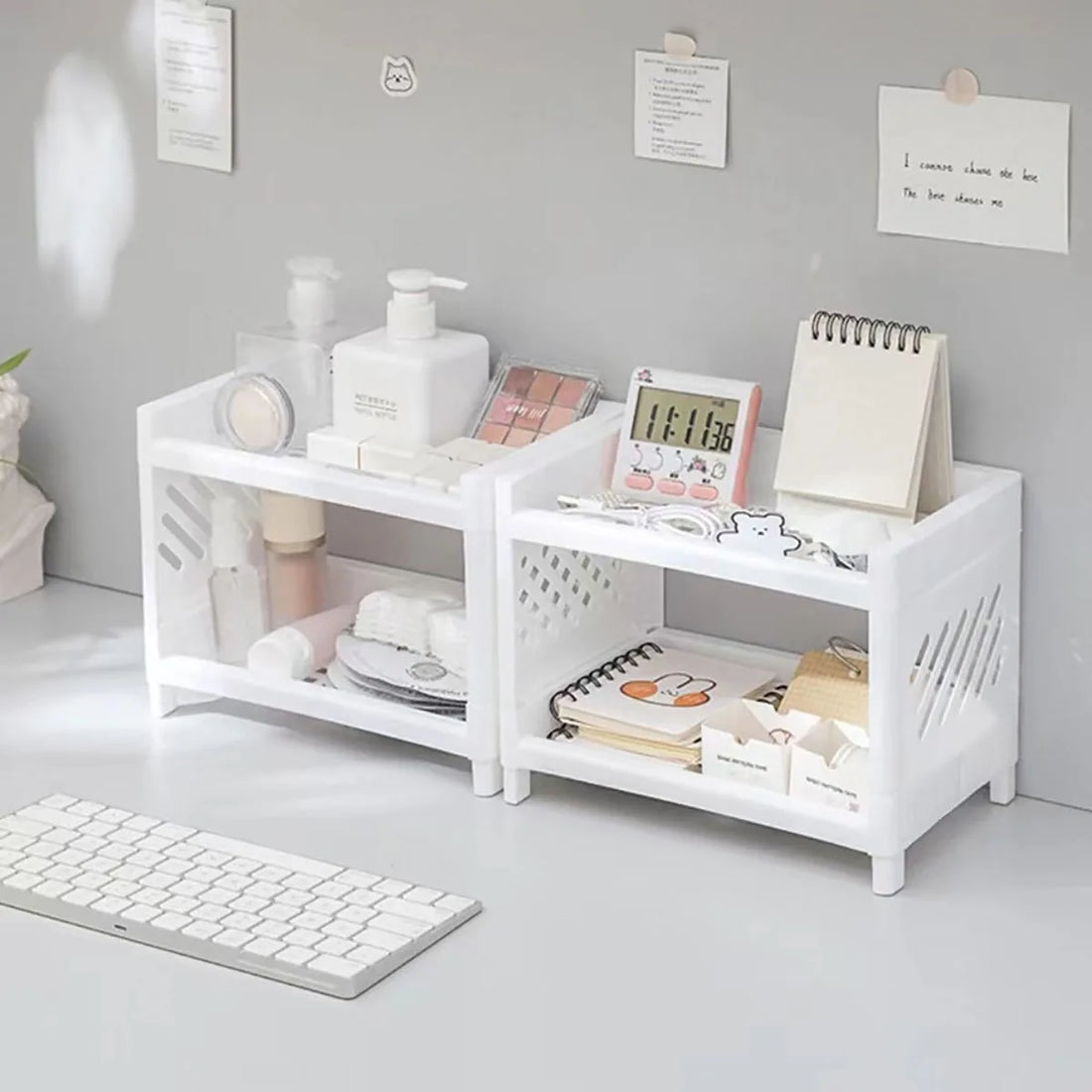 1PC PP Desktop Double Layer Storage Rack Rectangular White Organizing