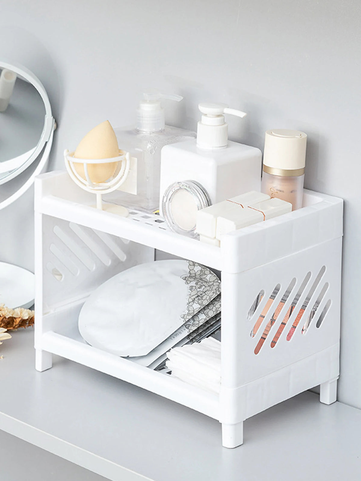 eprolo minimalist desktop double-layer storage rack for household stationery organization, with compartments for pens and small items.