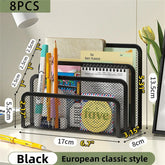 Black metal mesh paper tray and notebook stand rack with 3 layers, ideal for organizing desks and office supplies.