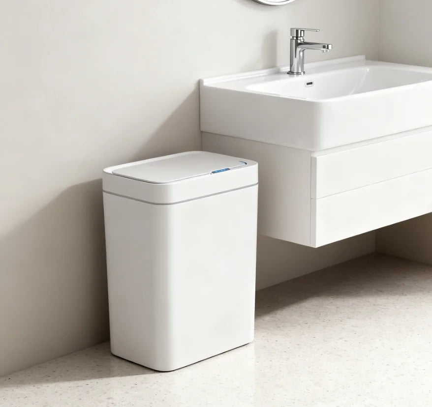 White Touchless 15L Smart Sensor Trash Can – Electronic Bathroom Garbage