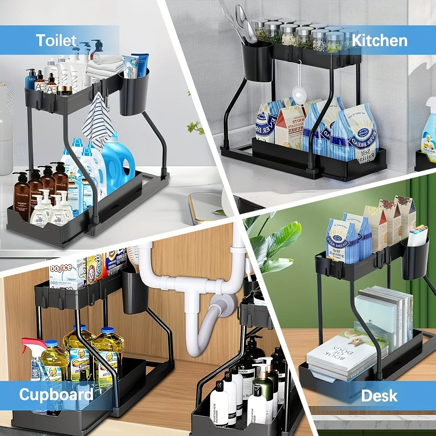 Space Saving 2 Tier Under Sink Organizer,Pull Out Storage Box Drawer Organizer