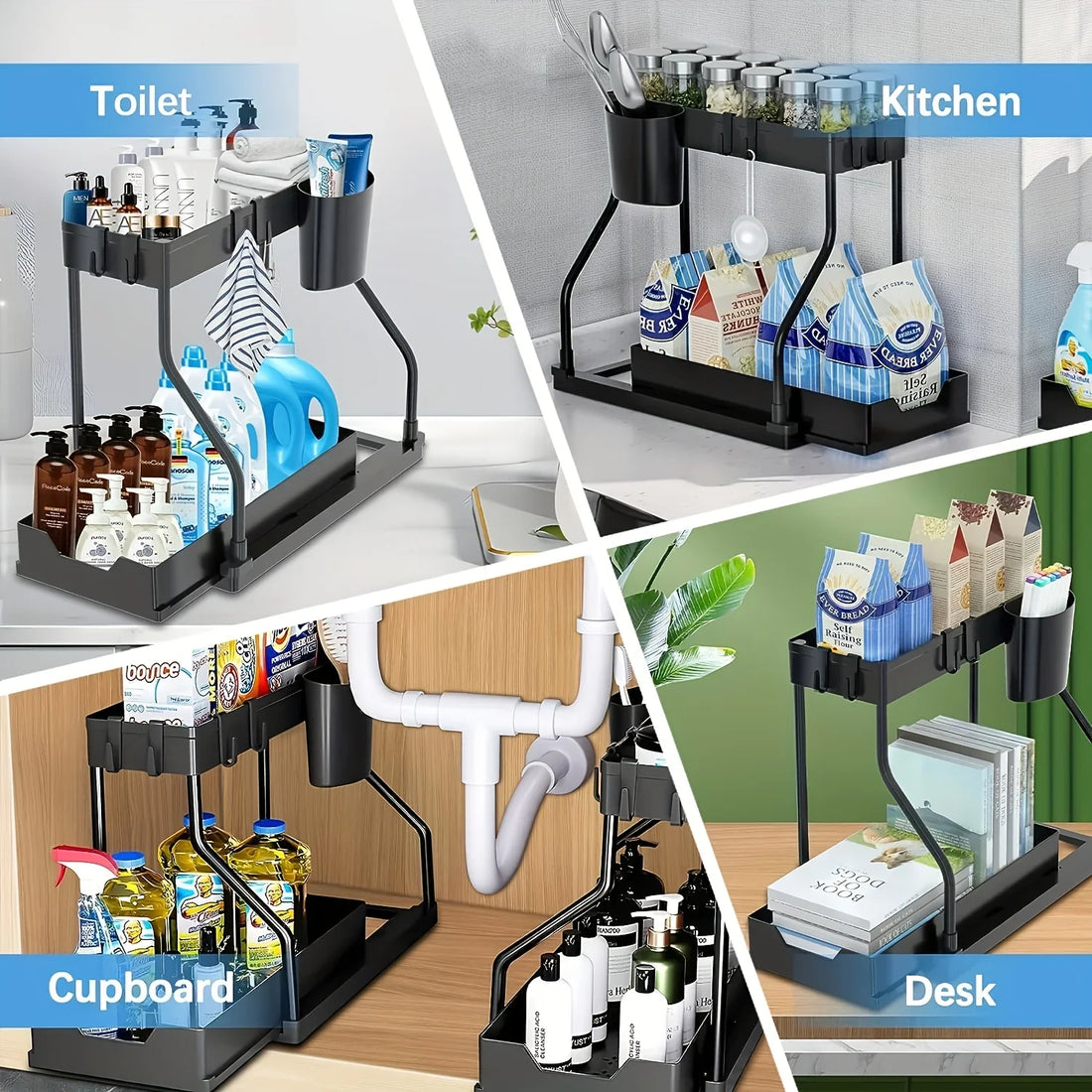 Space Saving 2 Tier Under Sink Organizer,Pull Out Storage Box Drawer Organizer