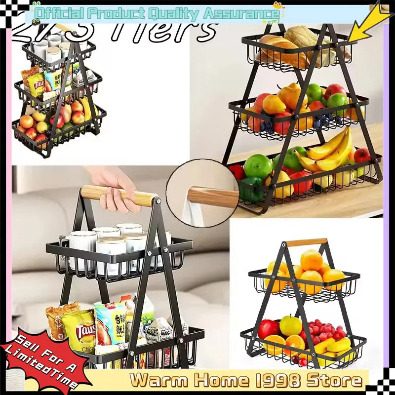 New 2 3 Tiers Countertop Fruit Basket Portable Iron Art Kitchen Organizer
